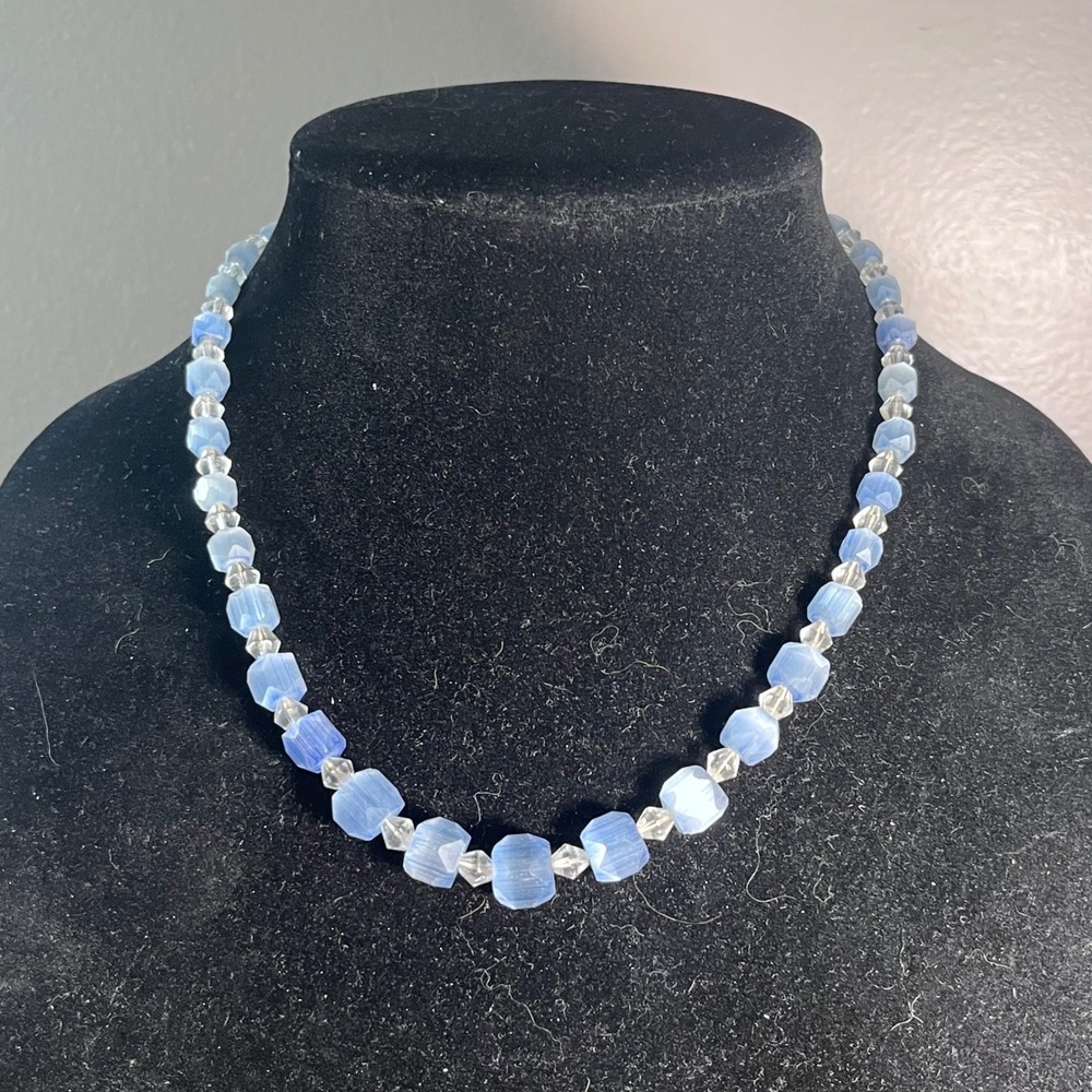 Vtg Sky Blue Glass Beaded Necklace Faceted Spacer Beads 18 Inch